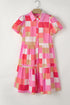 Pink Plaid Print Puff Sleeve Buttoned Tiered Dress